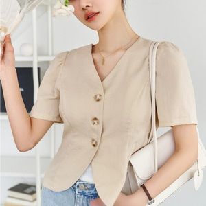 Dazy-Less Puff Sleeve Button Front Blouse